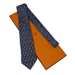 Hermes Paris 100% Silk Bamboo Trees Neck Tie Blue Business Classic